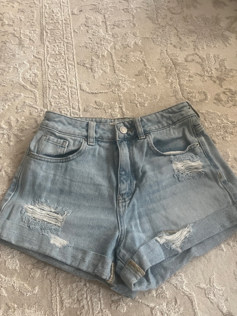 Casual Light Blue Distressed Denim Shorts - Women